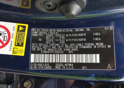 2015 Toyota Highlander Xle from USA, damaged, VIN 5TDKKRFH7FS066426